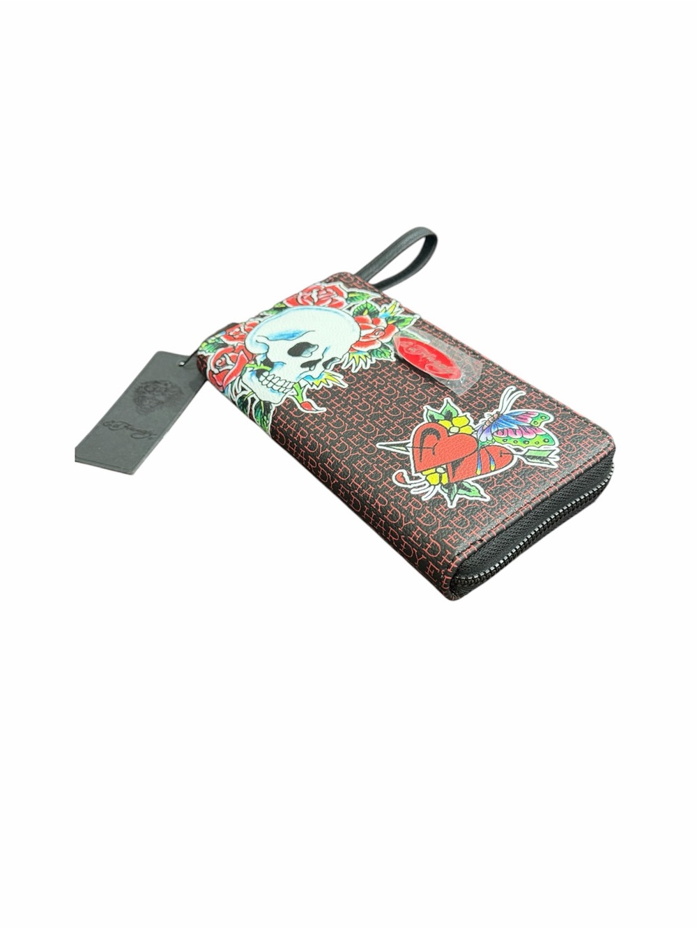 Ed Hardy Brown Zip Wristlet with Multicolor Skull & Heart Graphics - Picture 2 of 4